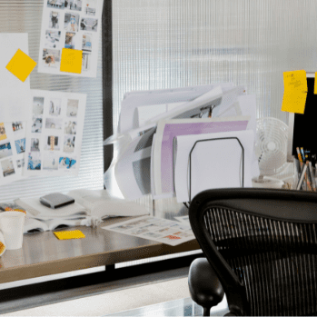 messy desk at work, clean personal workplace